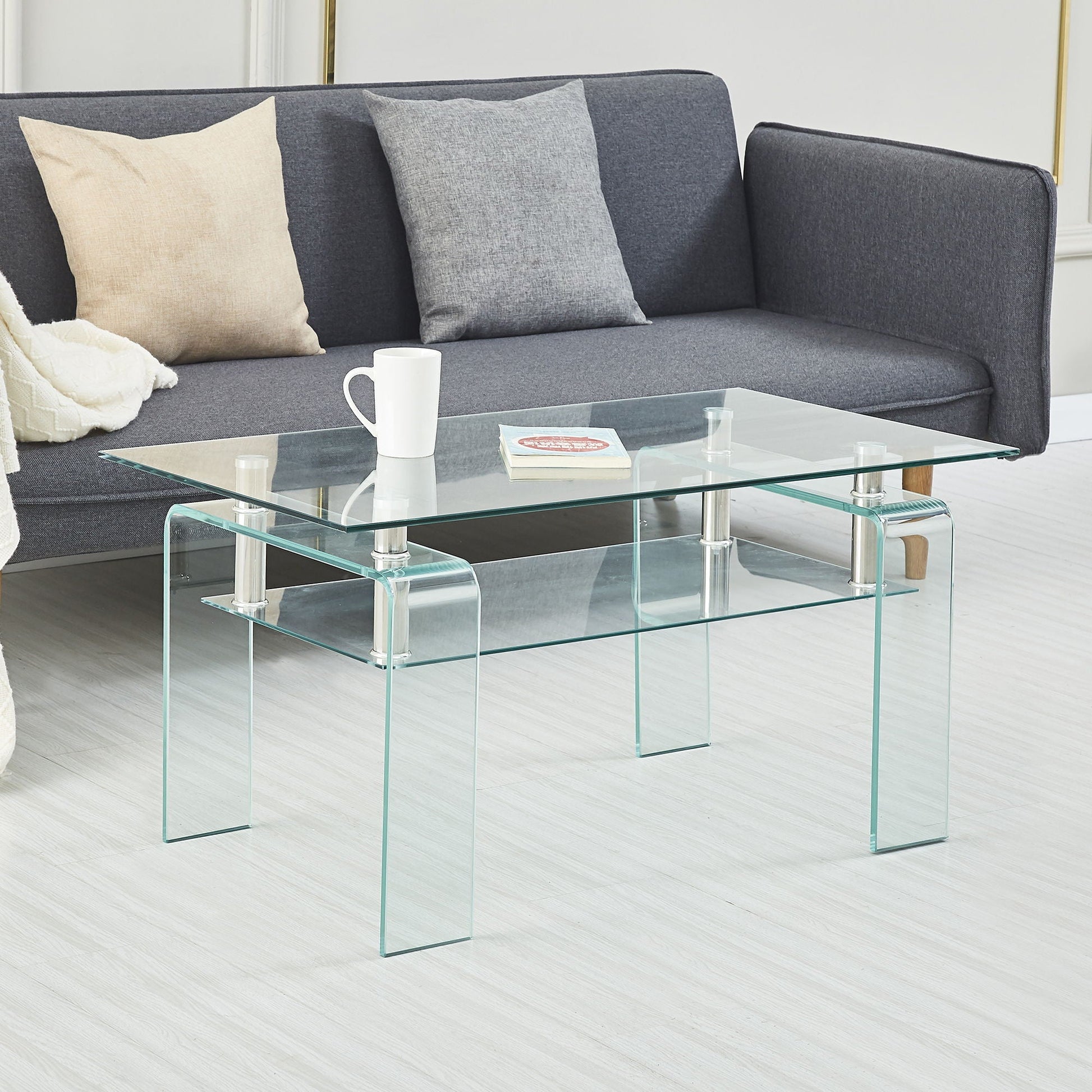 Modern Tempered Glass Coffee Table With 2 Tier Storage For Living Room Home Essentials