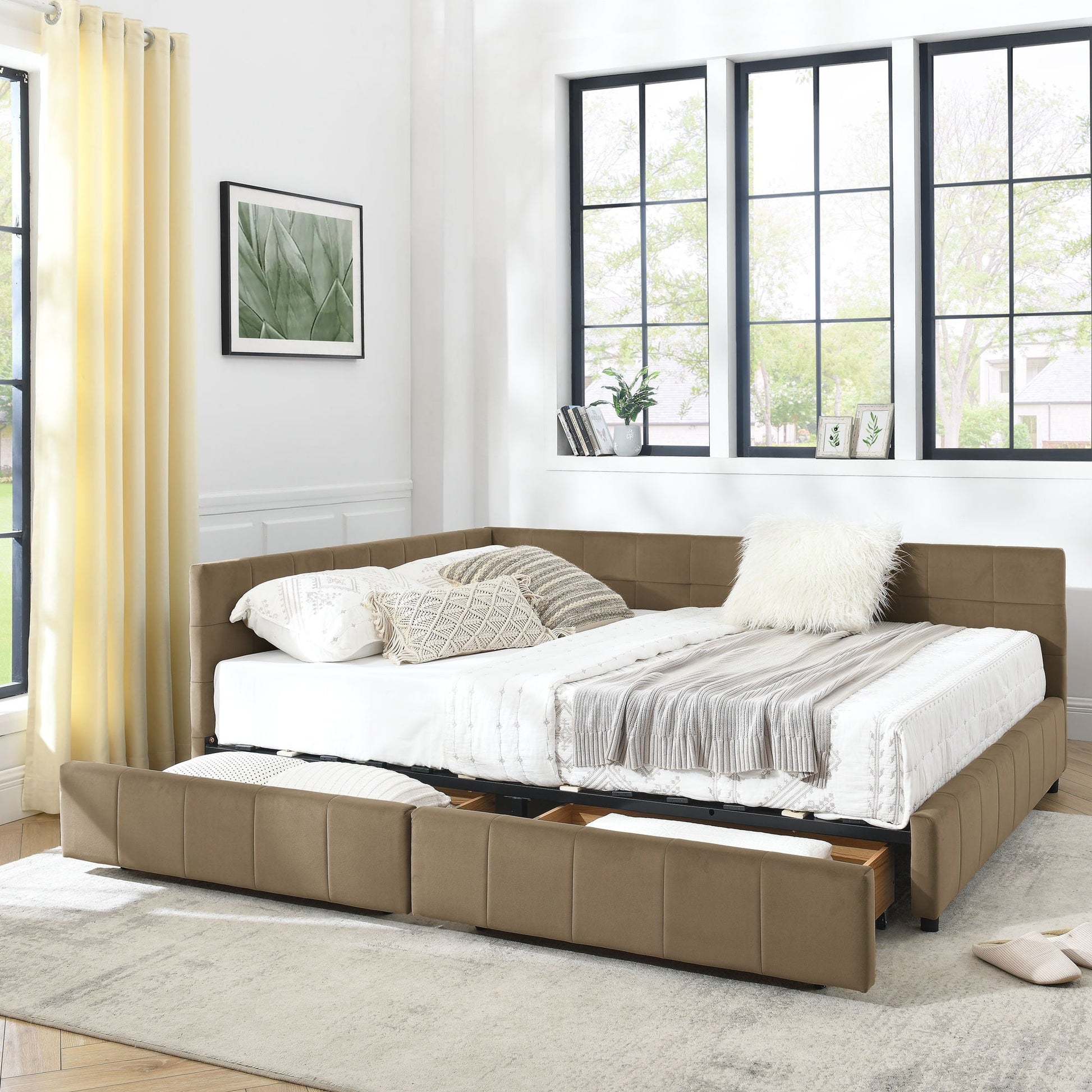 Mid-Century Storage Upholstered Tufted Bed Frame With Backrest And Armrests Home Essentials