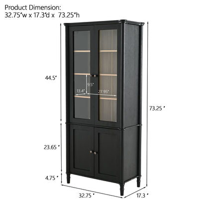 Vintage Display Cabinet With Double Glass Doors, Traditional Style For Collectibles, Ash Wood Veneer, 73.25" Tall - Black / Natural Hearth and Haven