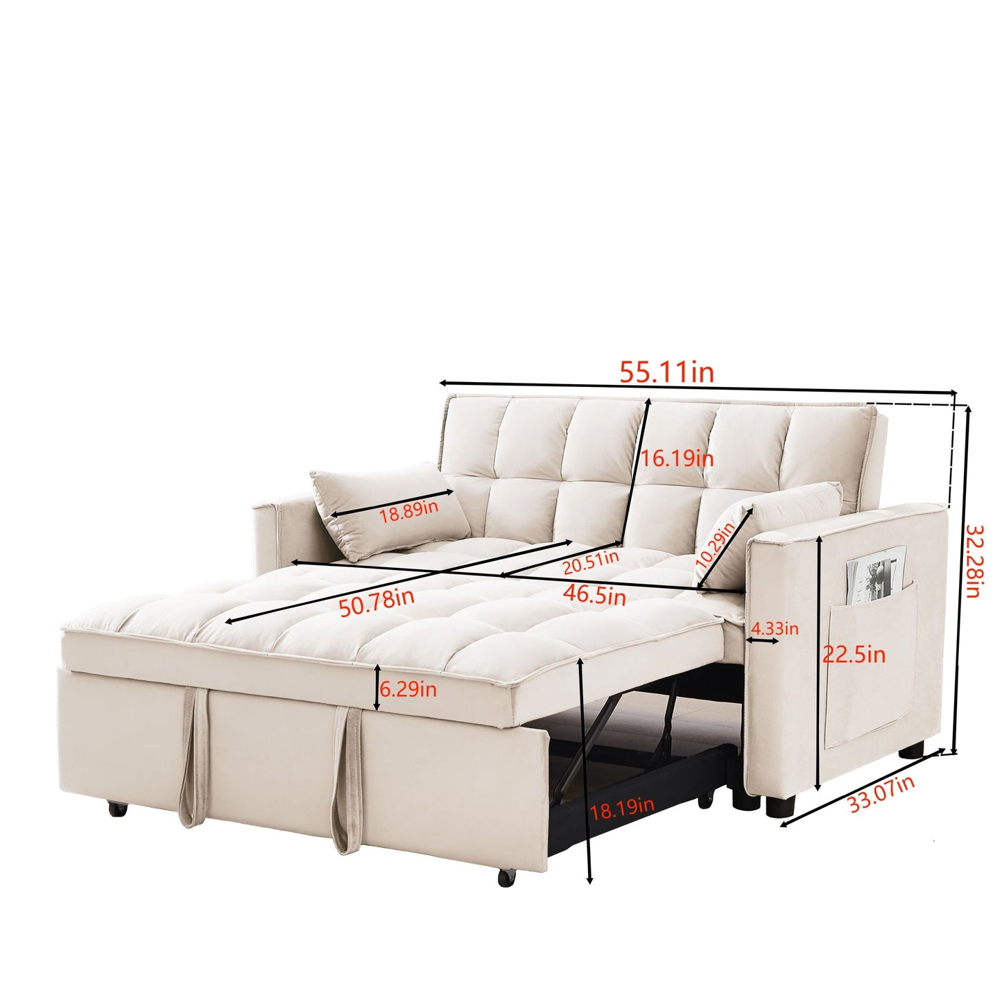 Modern Velvet Convertible Loveseat Futon Sofa With Pullout Bed, Reclining Backrest Home Essentials