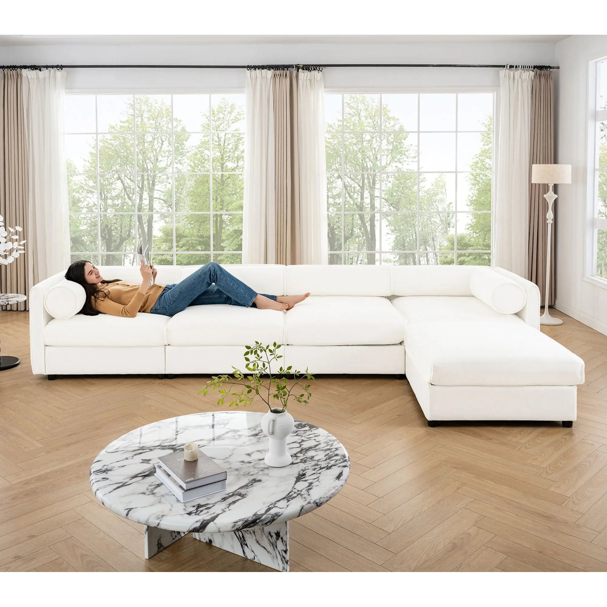 Contemporary Elegant White Chenille Sofa With Storage And Ottoman Home Essentials