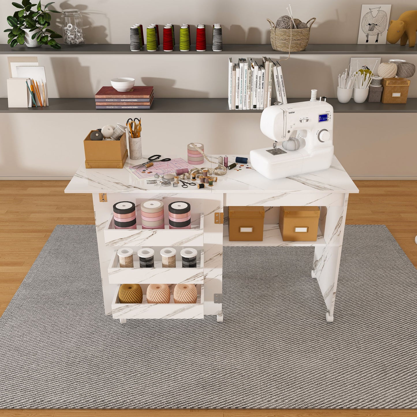 4 In 1 Folding Sewing Table With Lockable Wheels, Multi Functional Craft Station - White Home Essentials