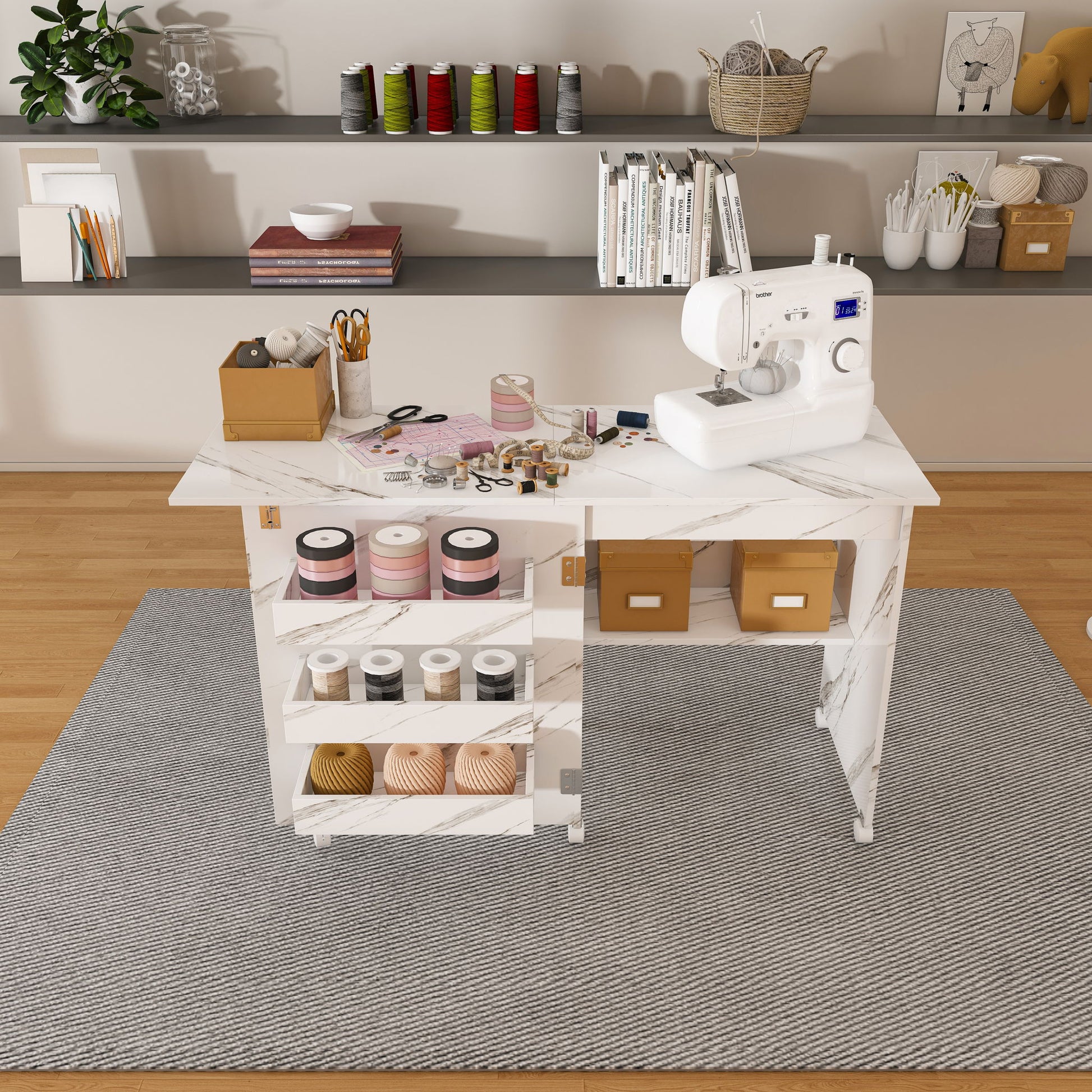 4 In 1 Folding Sewing Table With Lockable Wheels, Multi Functional Craft Station - White Home Essentials