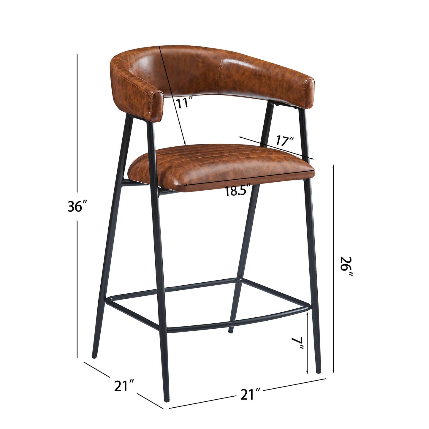 Counter Stools (Set of 2), Upholstered Counter Stools With Iron Frame, Backrest, Footrest, Arm Counter Stools For Home Bar, Kitchen Counter - Brown Noble House