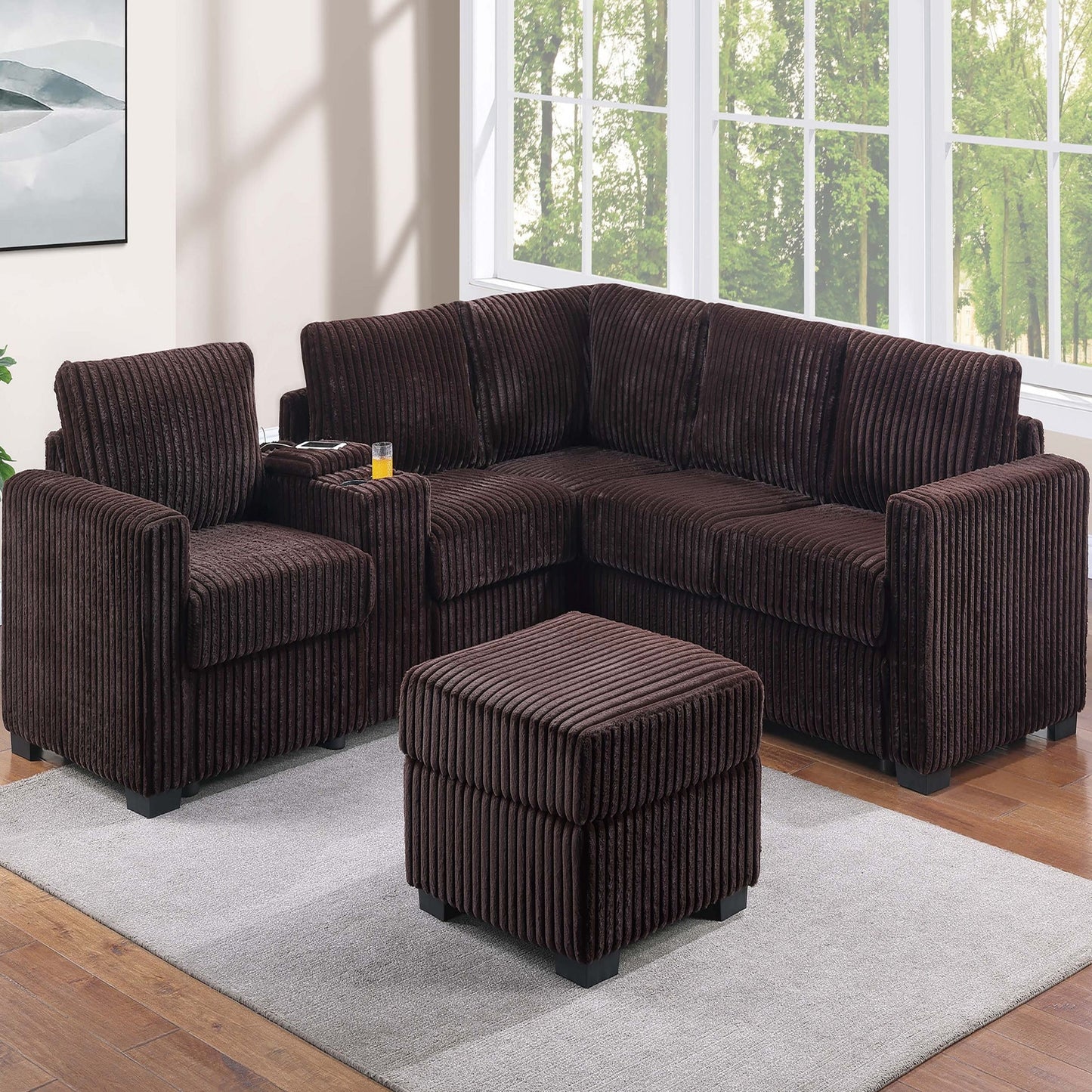 Contemporary L-Shaped Sectional Set With USB Console & Ottoman Home Essentials