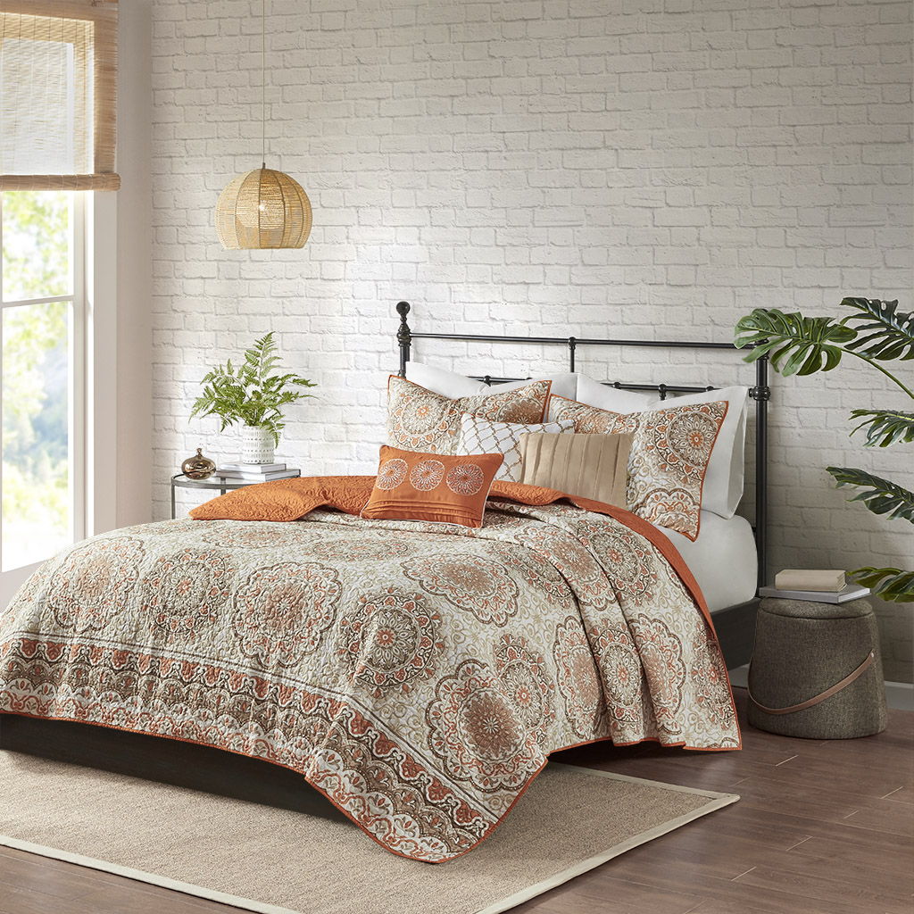 Tangiers - King 6 Piece Reversible Coverlet Set - Orange Madison Park