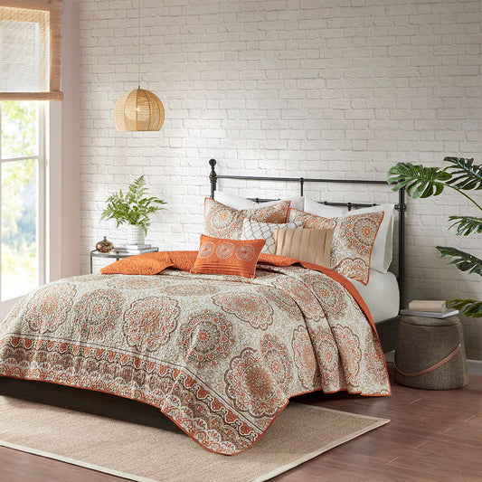 Tangiers - King 6 Piece Reversible Coverlet Set - Orange Madison Park