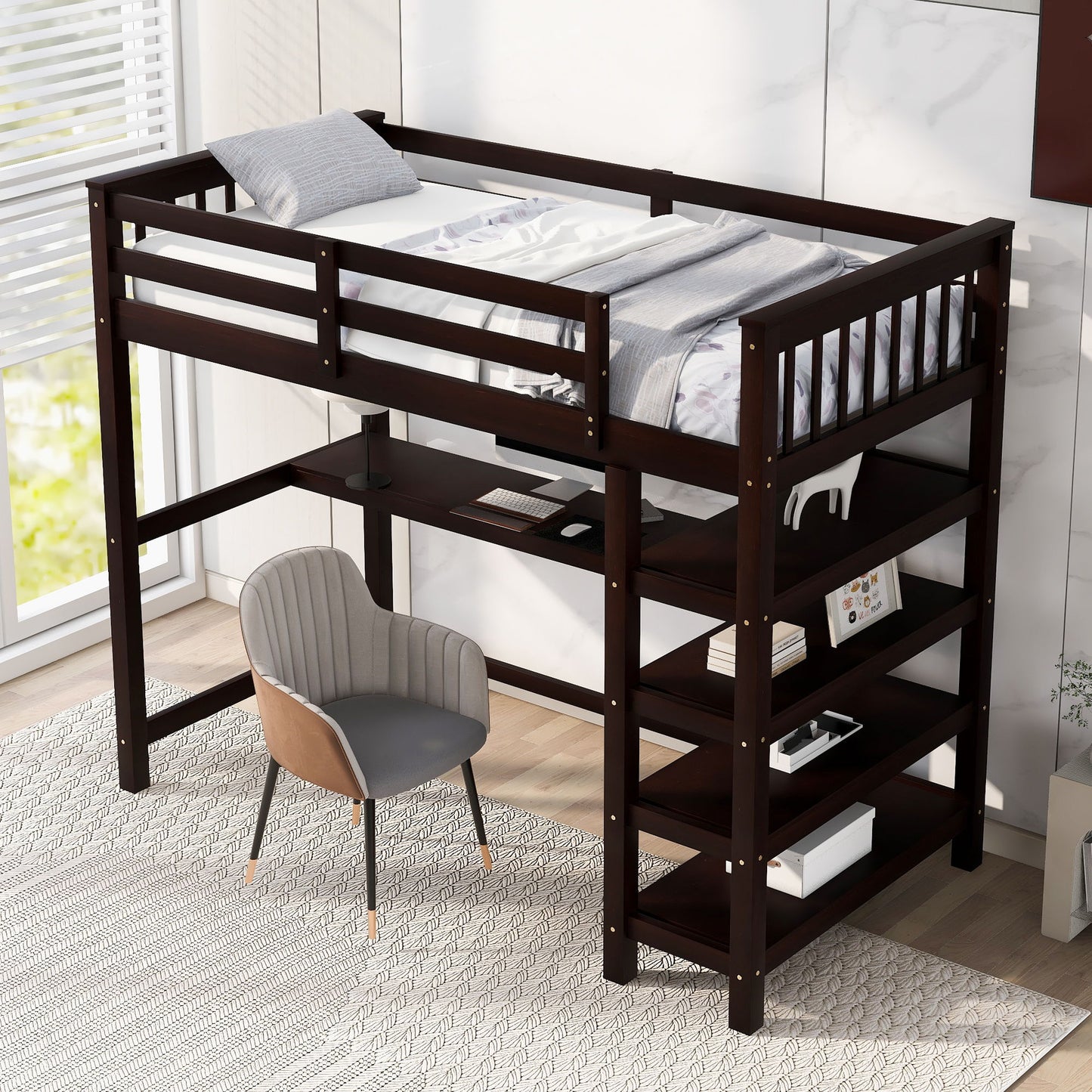 Loft Bed With Storage Shelves And Under Bed Desk Hearth and Haven