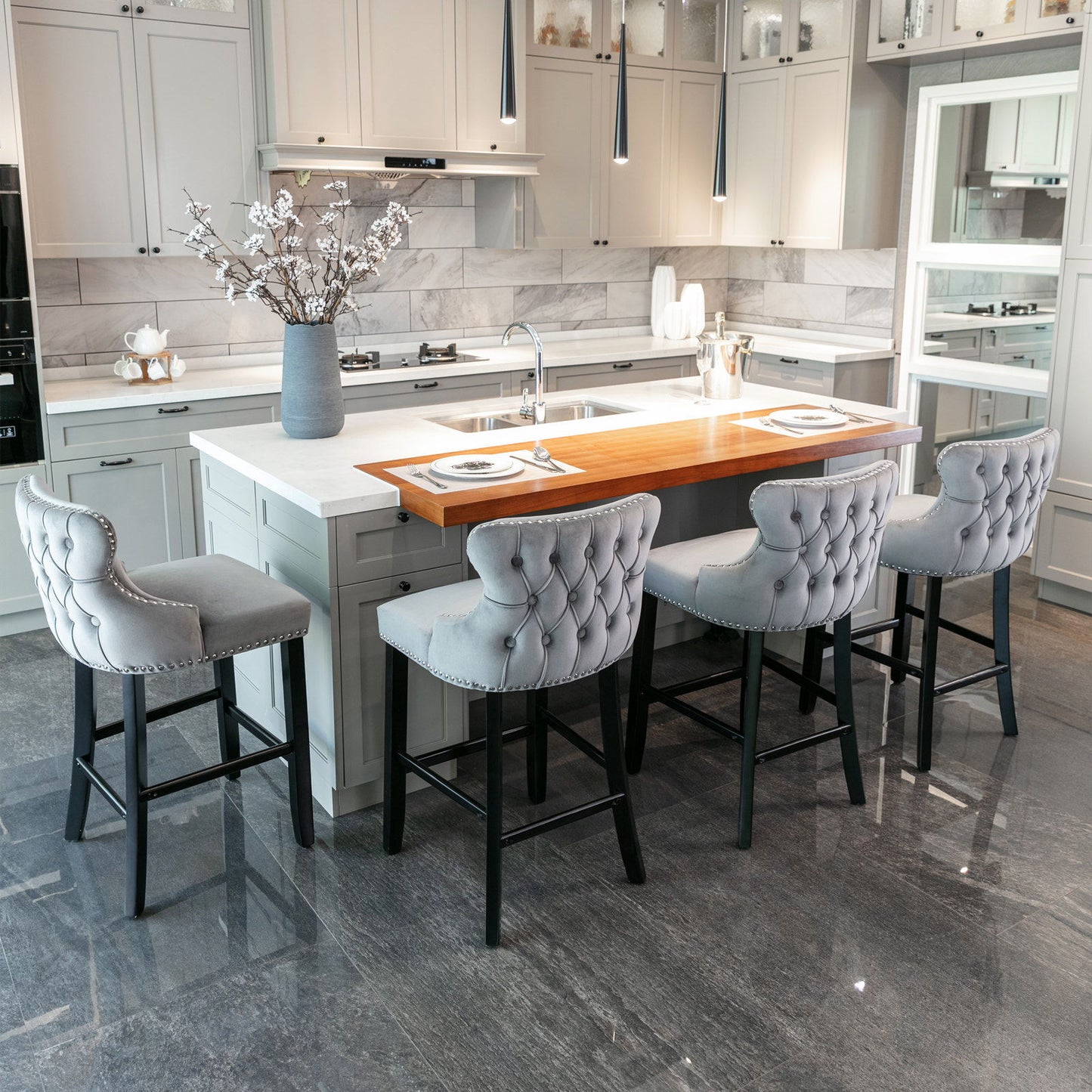 Contemporary Velvet Upholstered Wing-Back Barstools With Button Tufted Decoration And Wooden Legs, And Chrome Nailhead Trim, Leisure Style Bar Chairs, Bar Stools (Set of 4) Home Essentials