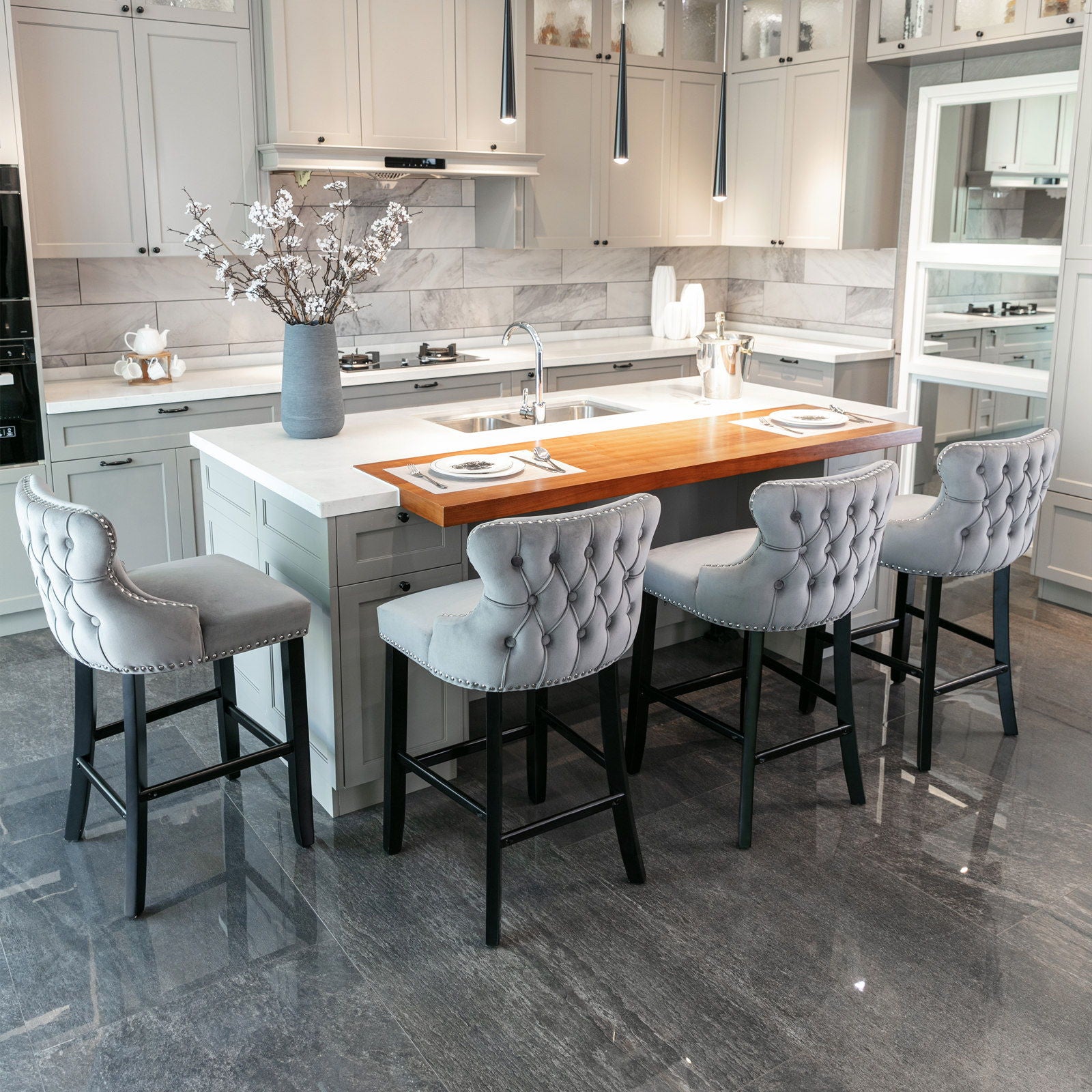 Contemporary Velvet Upholstered Wing-Back Barstools With Button Tufted Decoration And Wooden Legs, And Chrome Nailhead Trim, Leisure Style Bar Chairs, Bar Stools (Set of 4) Home Essentials