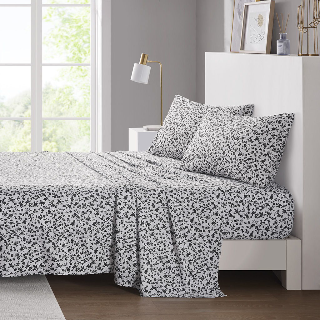 Printed Microfiber - King Sheet Set - Black Floral Intelligent Design