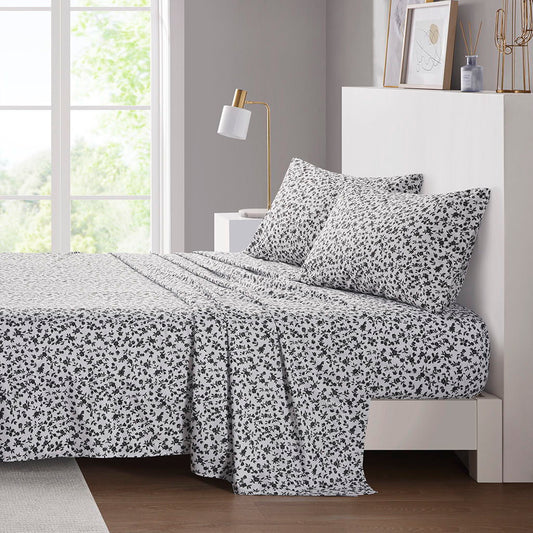 Printed Microfiber - King Sheet Set - Black Floral Intelligent Design