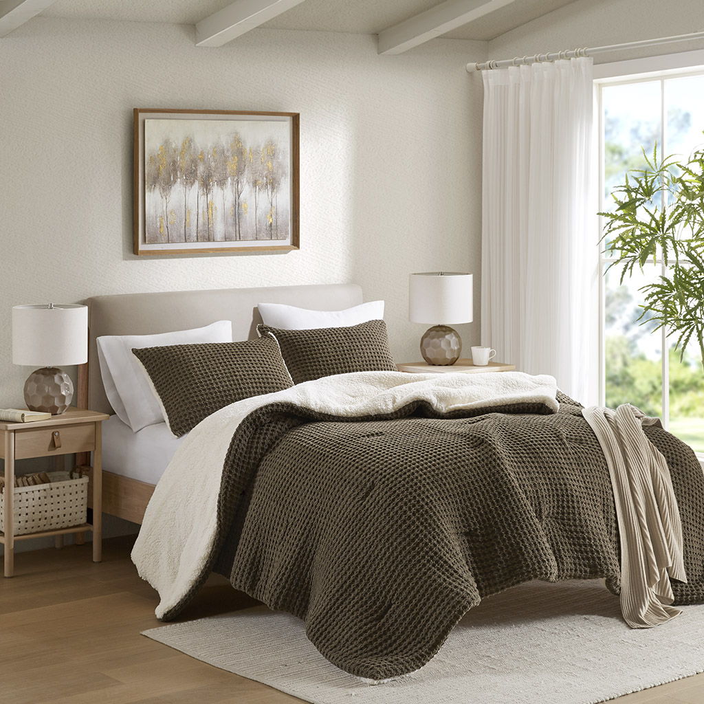 Riordan - 2 Piece Twin Waffle Knit Comforter Set - Brown Madison Park