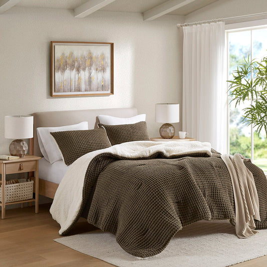 Riordan - 2 Piece Twin Waffle Knit Comforter Set - Brown Madison Park