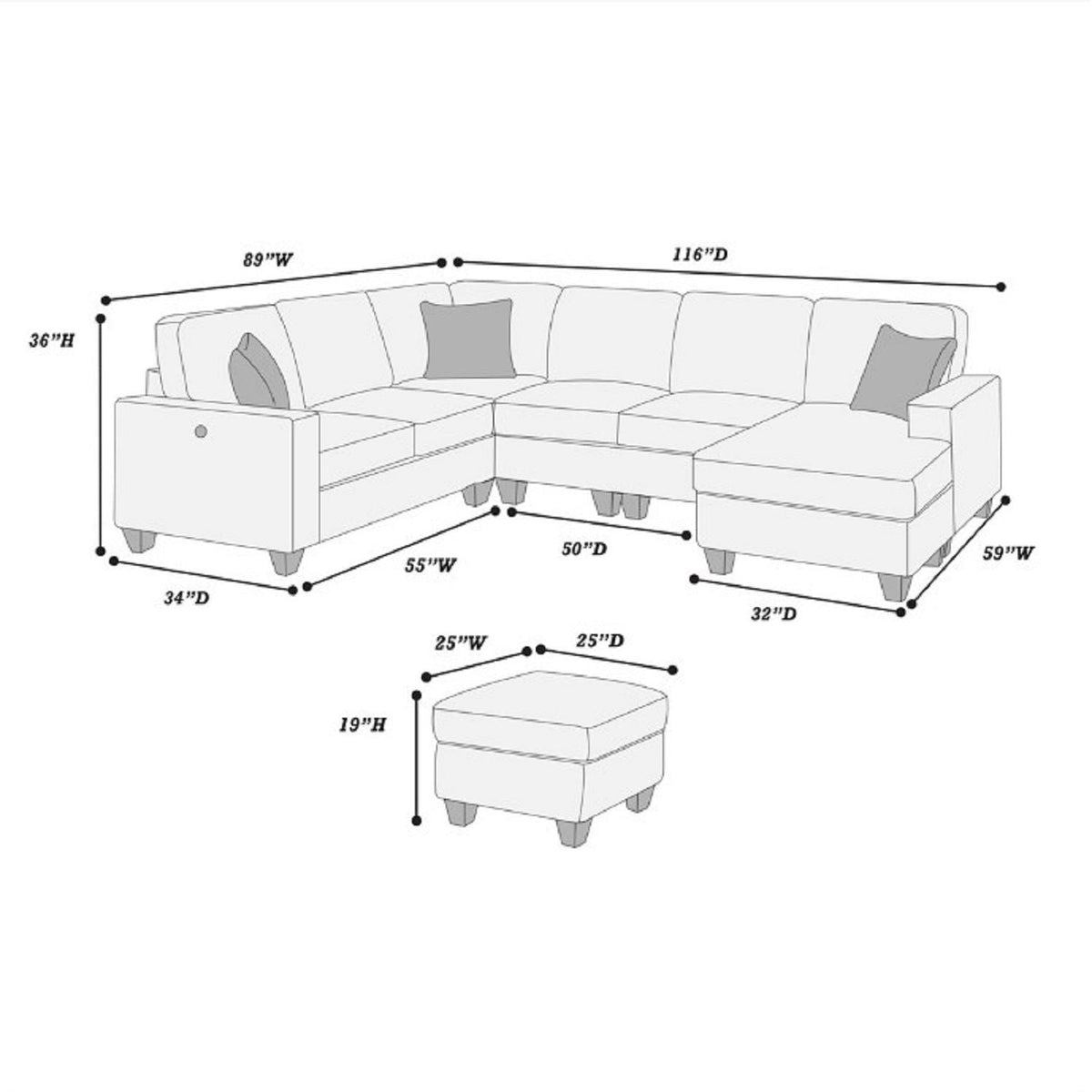 5 Piece Sectional Set With USB Port And Ottoman Home Essentials