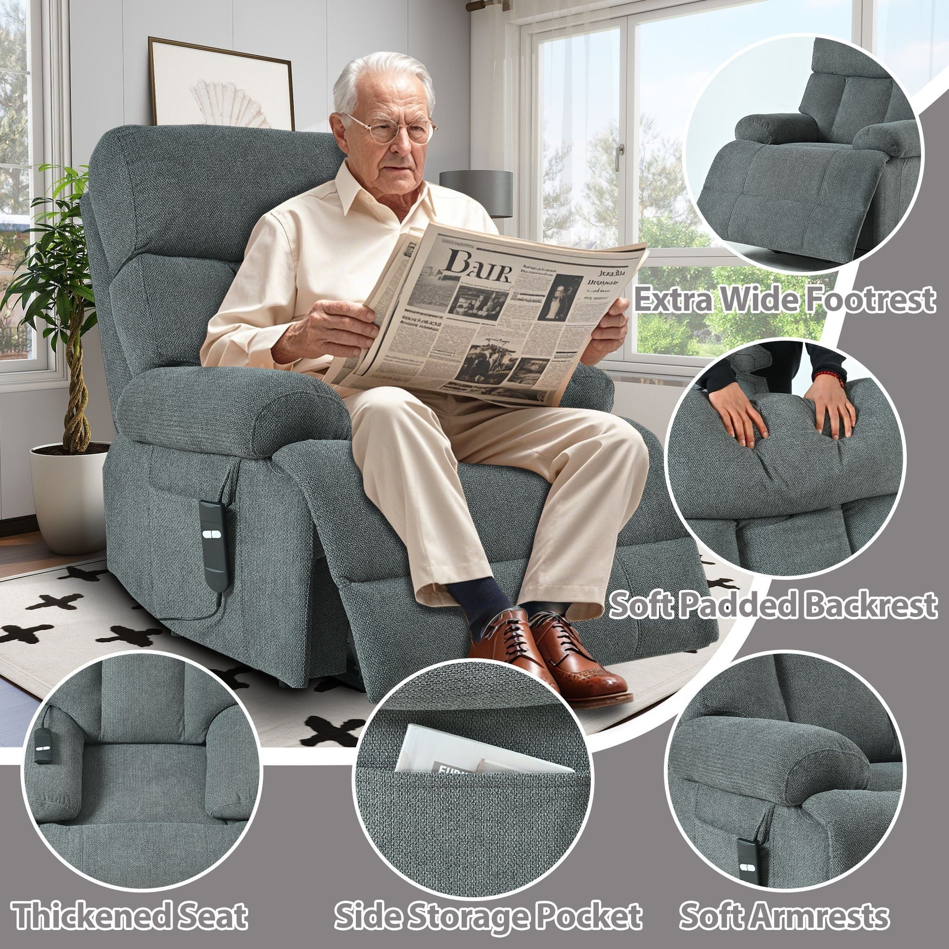 Oversized Power Lift Recliner Chai With Remote Control, Side Pocket, Spacious Seat Home Essentials