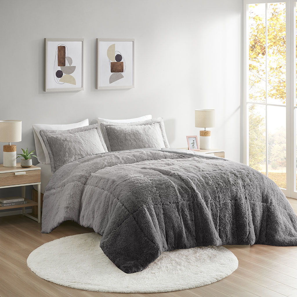 Brielle - Ombre Shaggy Long Comforter Mini Set - Gray Intelligent Design