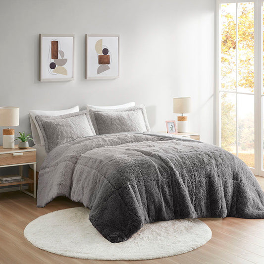 Brielle - King Ombre Shaggy Long Comforter Mini Set - Gray Intelligent Design