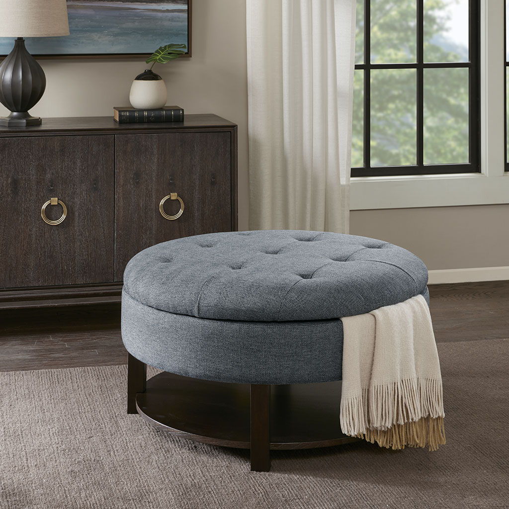 Miller - Round Storage Ottoman - Denim / Brown