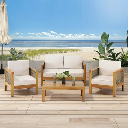 Outdoor 4 Seater Acacia Wood Chat Set With Wicker Accents And Cushions - Teak / Mixed Brown / Beige Noble House