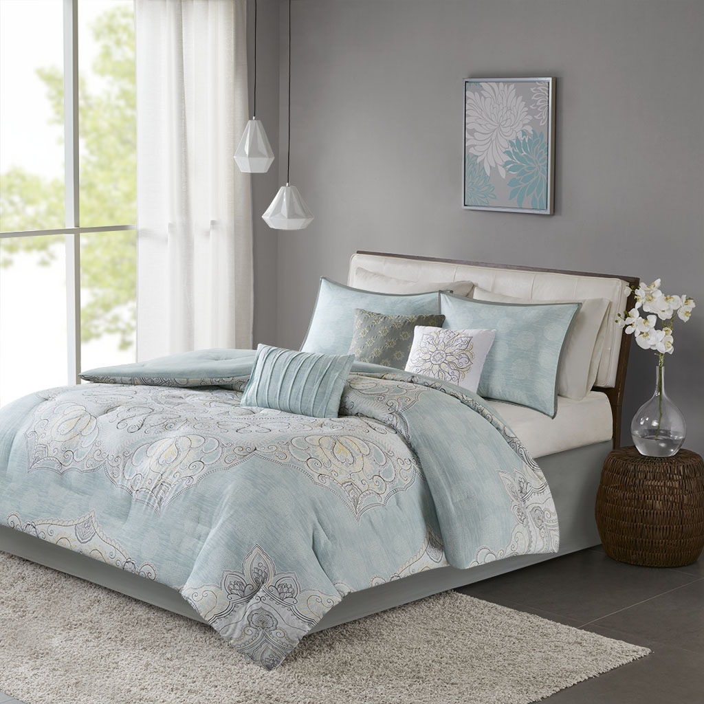 Lucinda - King 7 Piece Reversible Sateen Comforter Set - Seafoam