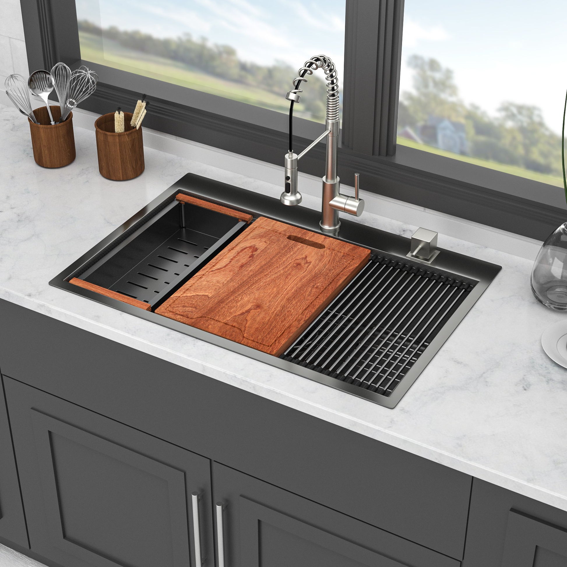 33" Drop In Kitchen Sink With Ledge Workstation, 16 Gauge Stainless Steel - Gunmetal Black Daily Nest