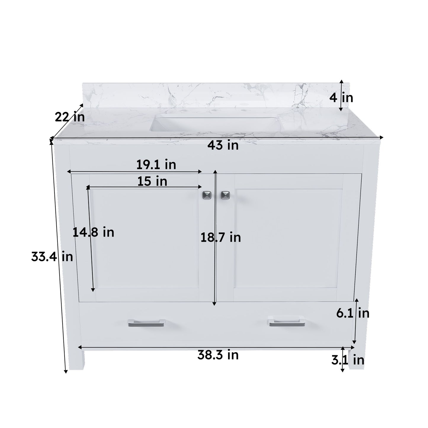 43" Bathroom Vanity With Artificial Marble Carrara Top Set, Multi Functional Bathroom Cabinet With Doors And Drawer - White Home Essentials