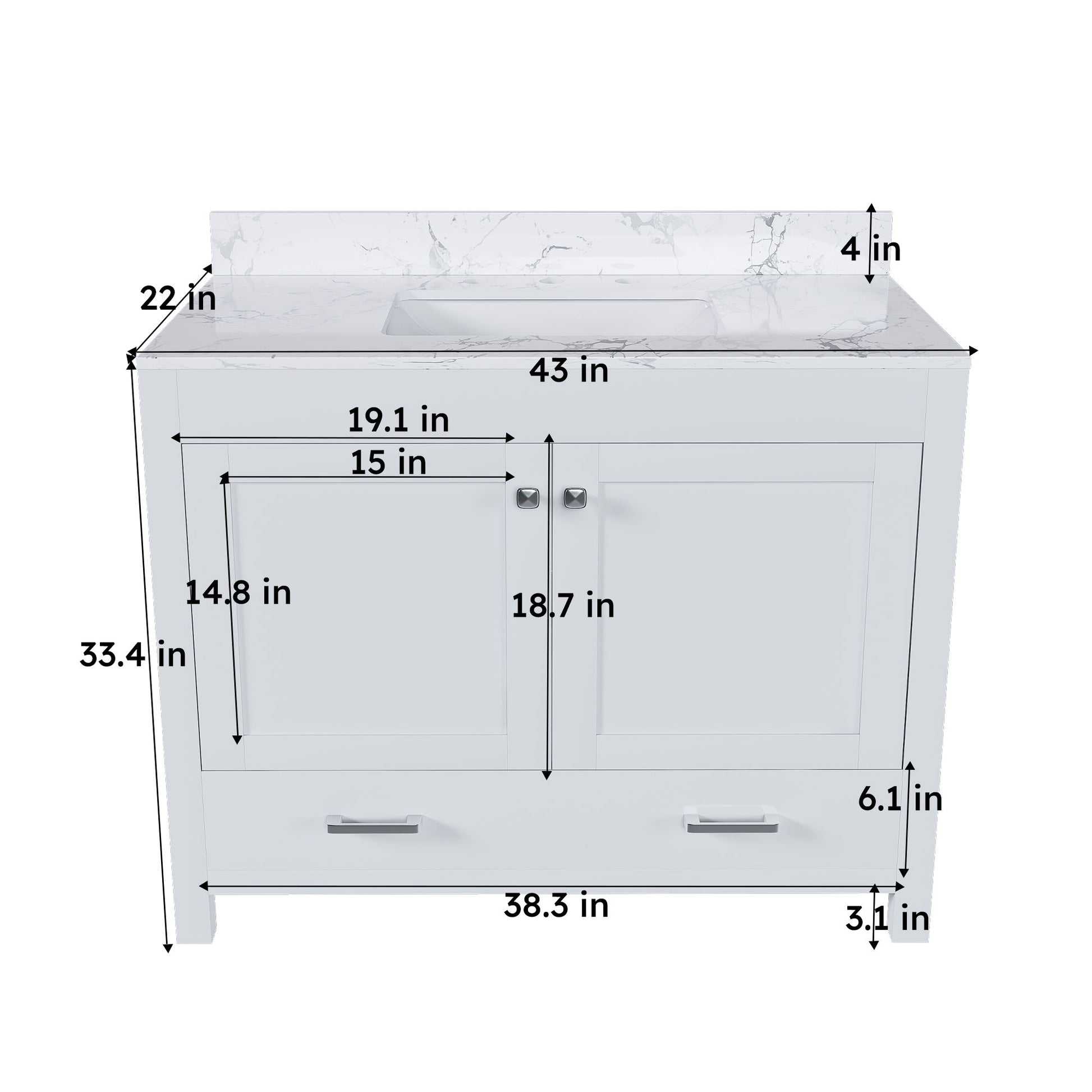 43" Bathroom Vanity With Artificial Marble Carrara Top Set, Multi Functional Bathroom Cabinet With Doors And Drawer - White Home Essentials