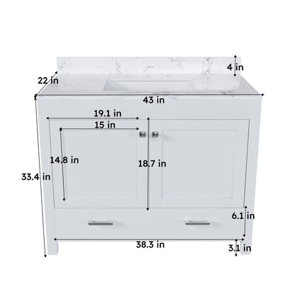 43" Bathroom Vanity With Artificial Marble Carrara Top Set, Multi Functional Bathroom Cabinet With Doors And Drawer - White Home Essentials