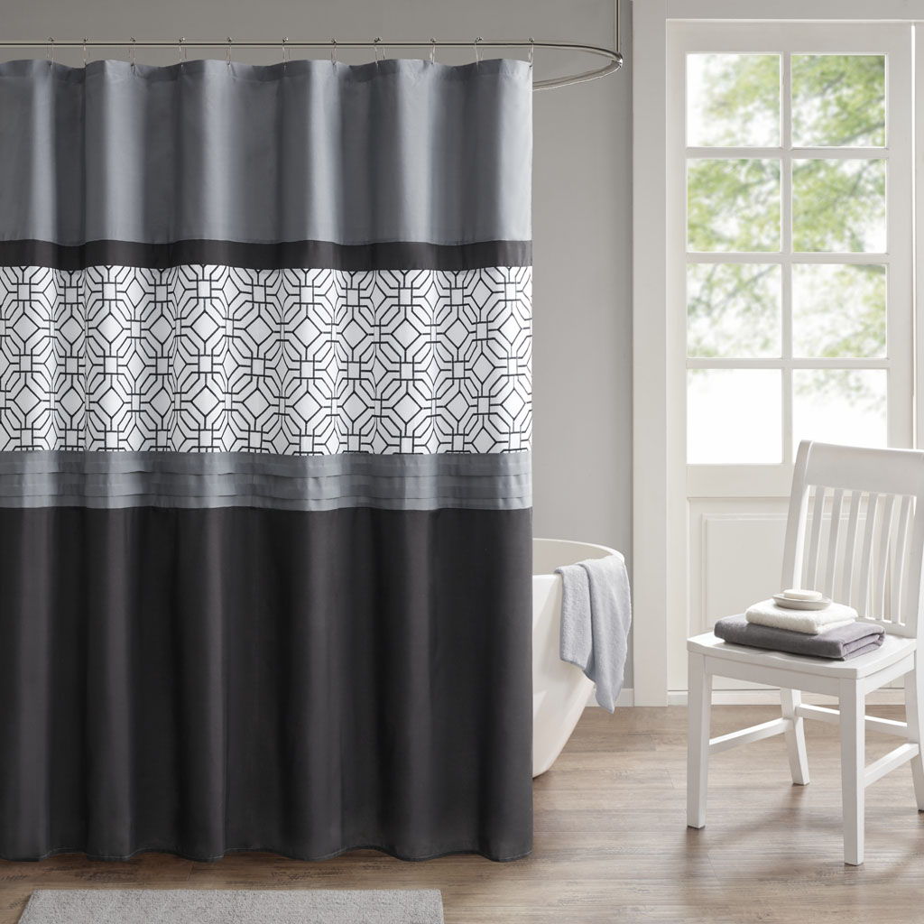 Donnell - Embroidered And Pieced Shower Curtain - Black / Gray