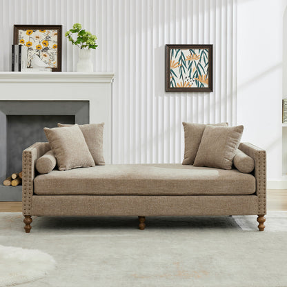 Upholstered Chaise Lounge Indoor With Nailheads, Sleeper Sofa Couch With 4 Throw Pillows & 2 Bolsters, Daybed With Rubberwood Legs