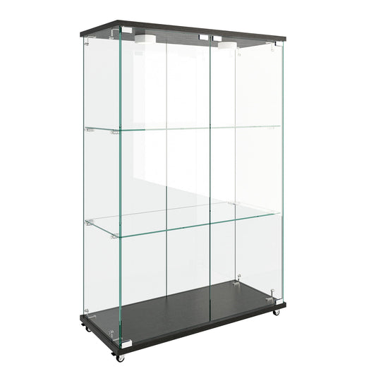 Modern Display Cabinet With LED Lights, Transparent Tempered Glass 2 Door Storage Case With 3 Shelves Home Essentials