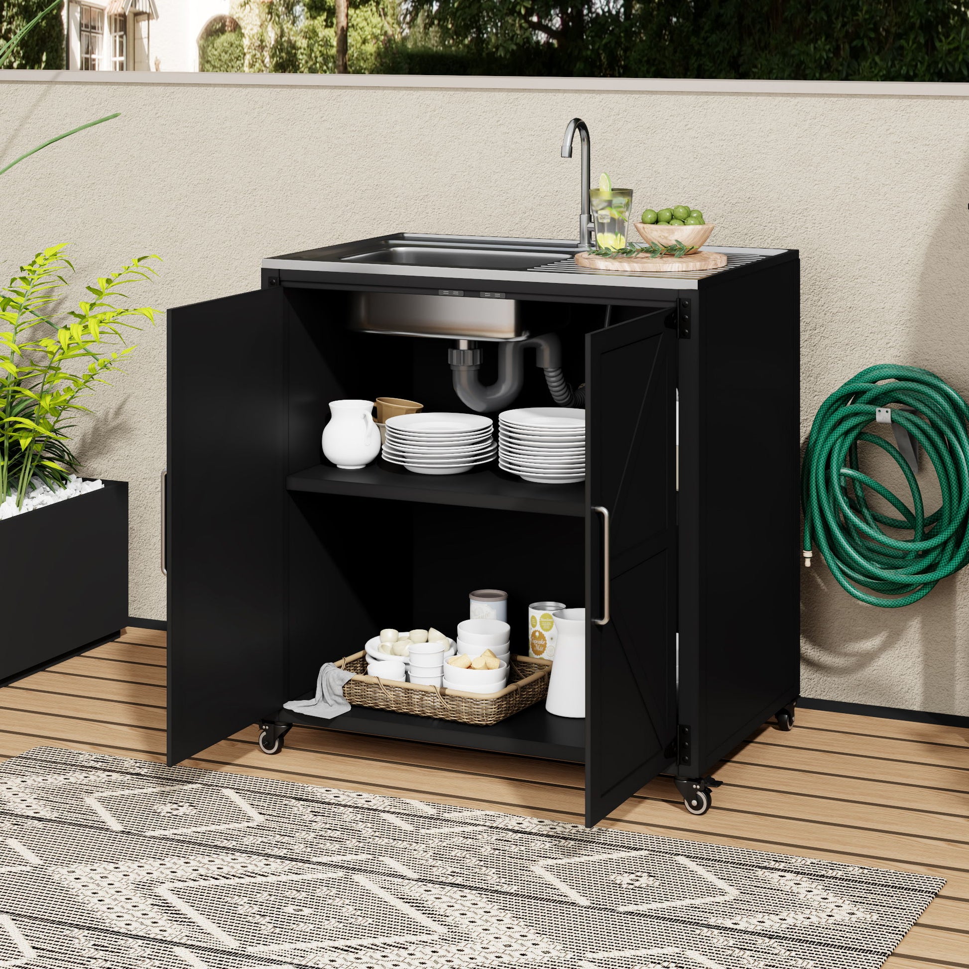 Outdoor Movable Kitchen Sink Patio Modular Kitchen Sink Station With Cabinet For Garden, Patio, Backyard - Matte Black Hearth and Haven