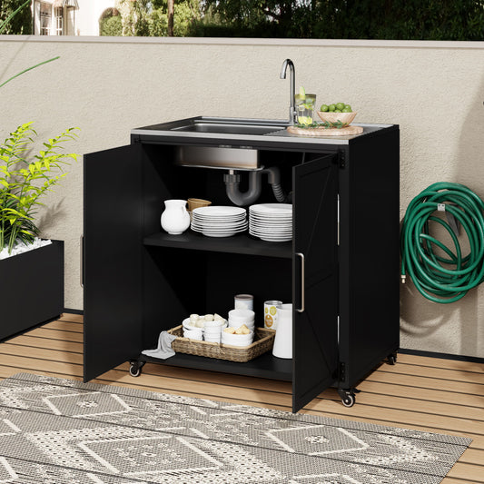 Outdoor Movable Kitchen Sink Patio Modular Kitchen Sink Station With Cabinet For Garden, Patio, Backyard - Matte Black Hearth and Haven
