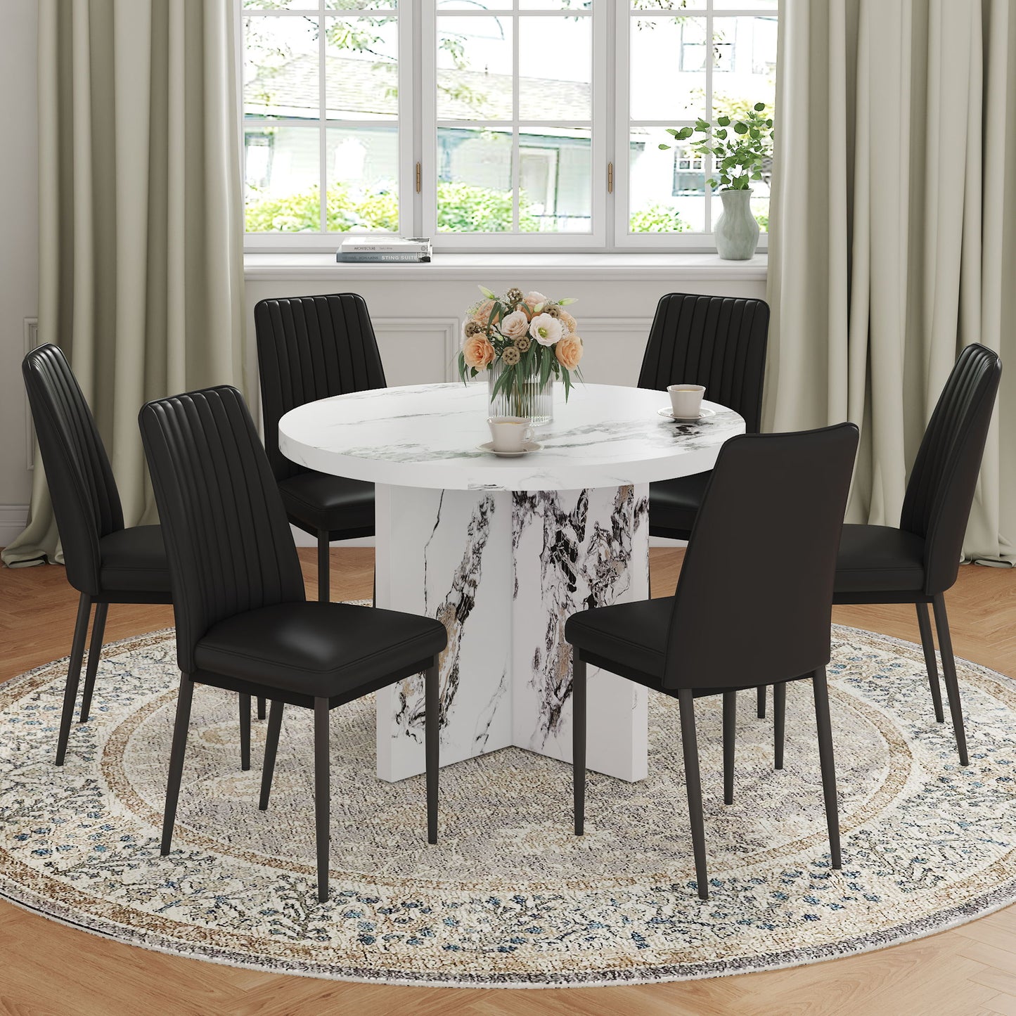 7 Piece Round Dining Table Set, Modern Round Table And 6 Upholstered Chairs For Dining Room, Kitchen Room, Living Room - White / Black