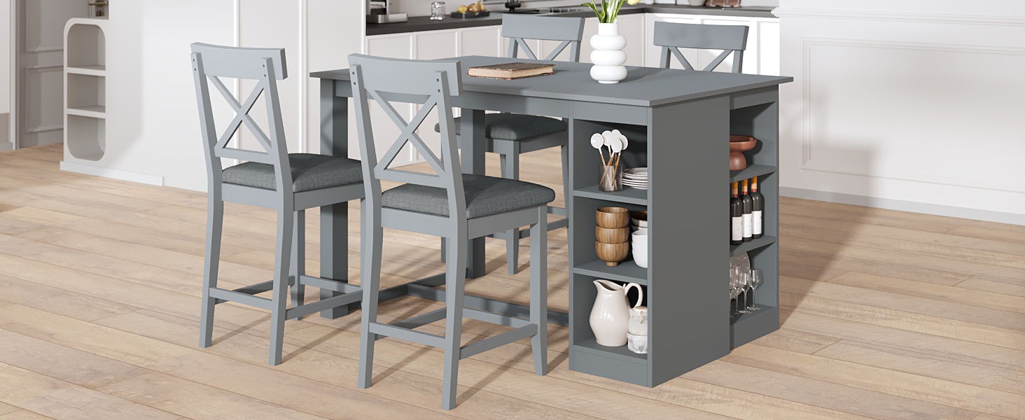 Solid Wood Farmhouse Counter Height Dining Table Set With 3 Tier Storage Shelves Hearth and Haven