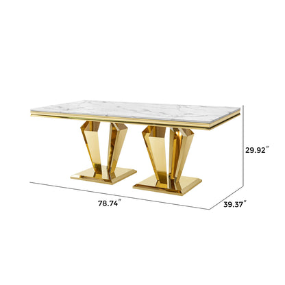 79.53 In. Elegant Marble Pattern Dining Table For 6 Or 8 Seats Polished Stainless Steel Base - Gold Home Essentials