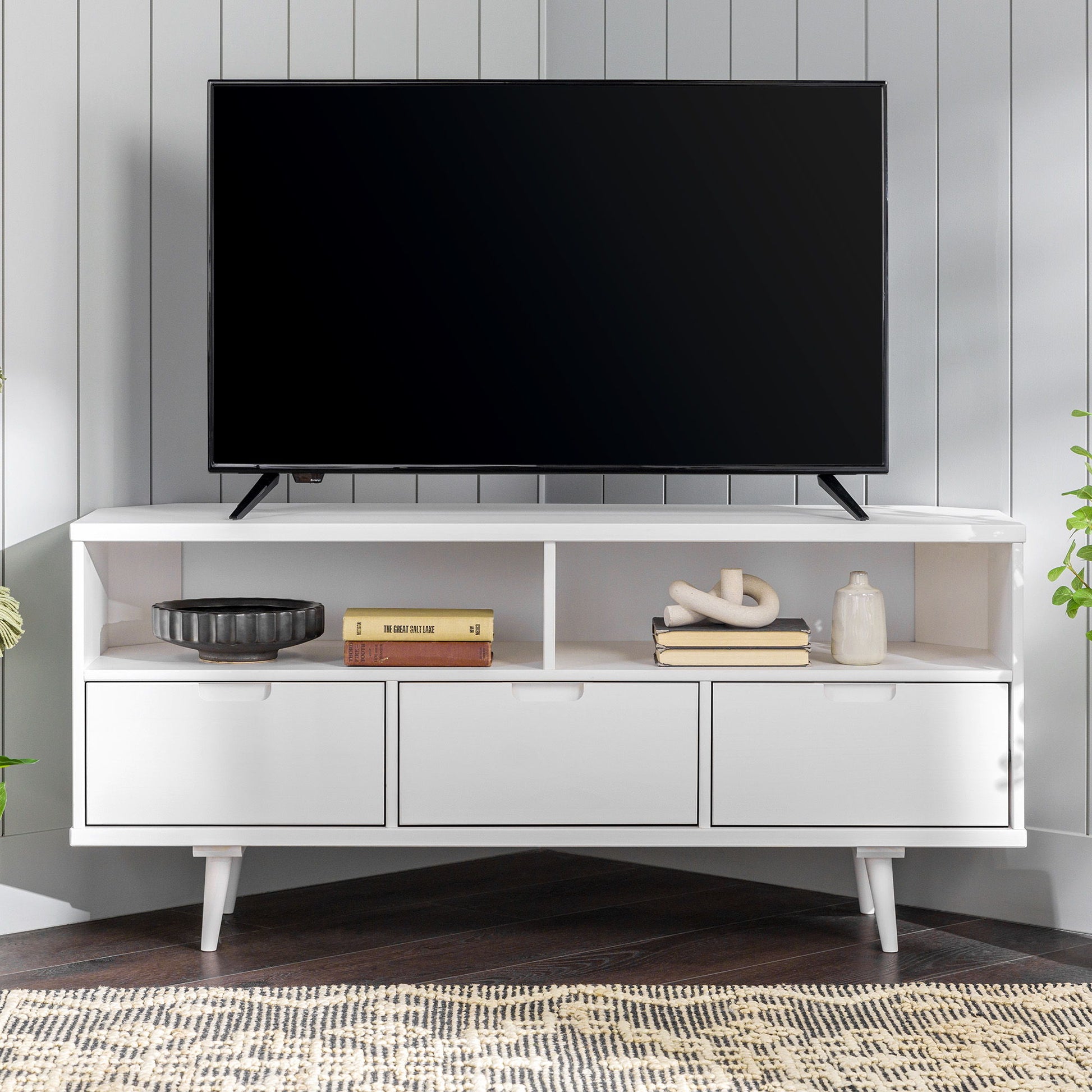 Mid-Century Modern Minimalist 3 Drawer Corner TV Stand For TVs Up To 58 Walker Edison