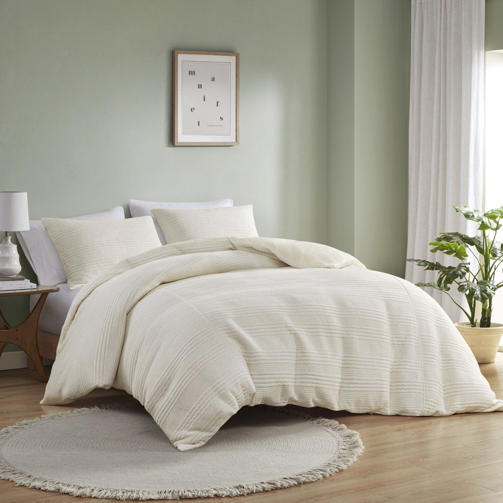 Wyatt - 3 Piece Full Knitted Jersey Duvet Cover Set - Ivory