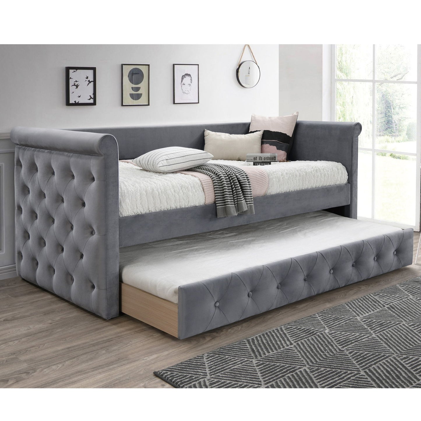Contemporary Button Tufted Daybed With Slat Trundle Home Essentials