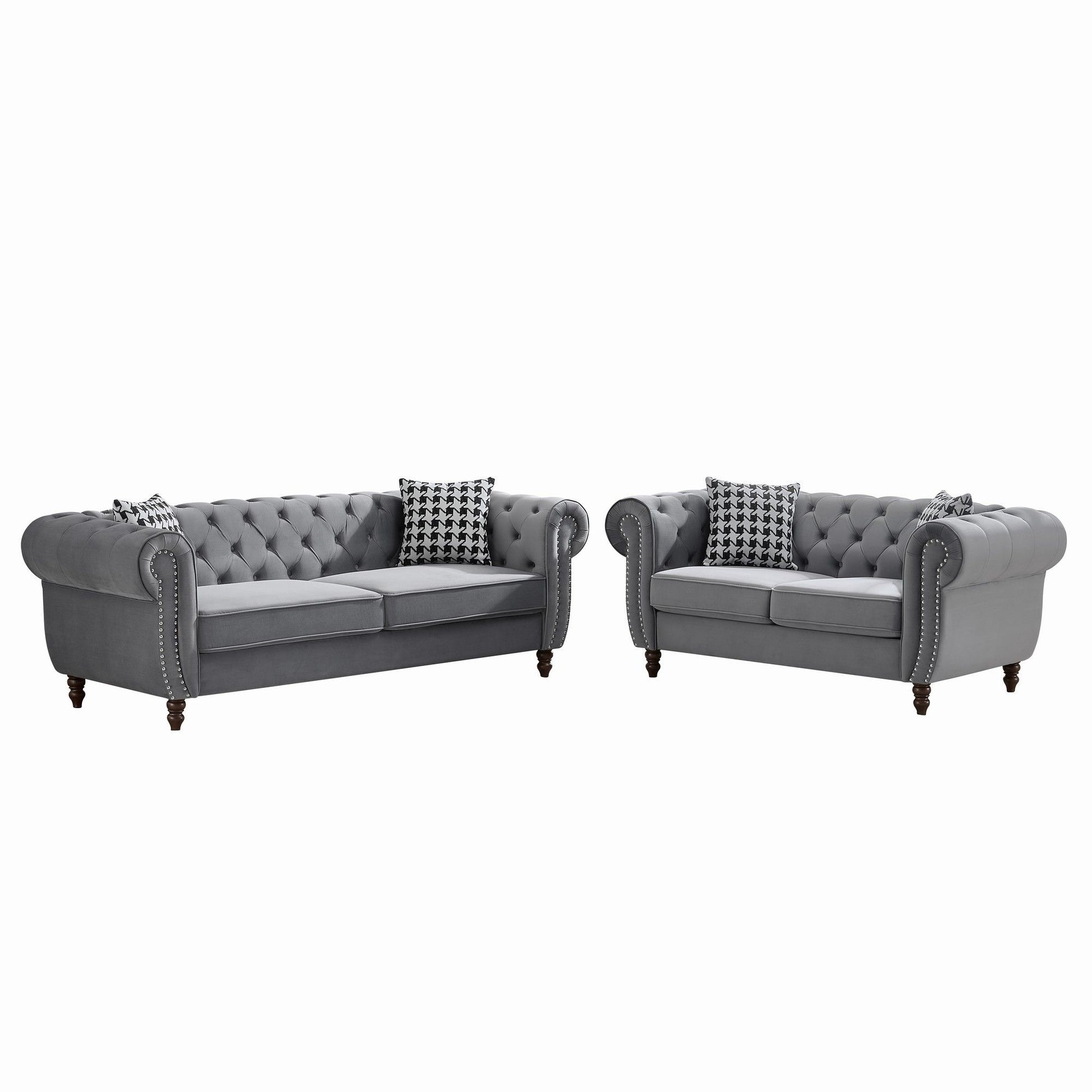 Chesterfield 3 And 2 Seater Velvet Upholstery Sofa With Roll Armrest & Nailhead Fabric Couch Home Essentials