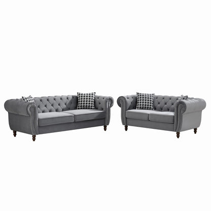 Chesterfield 3 And 2 Seater Velvet Upholstery Sofa With Roll Armrest & Nailhead Fabric Couch Home Essentials