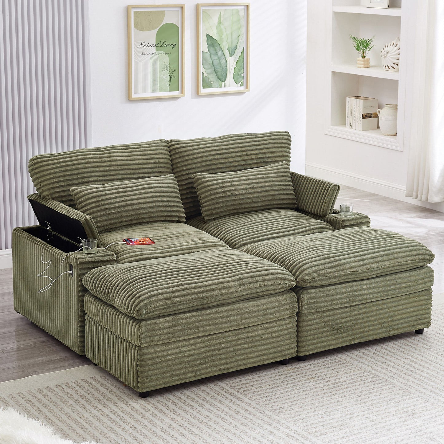 Convertible Loveseat Sofa With Storage, USB Ports, Cup Holders Hearth and Haven