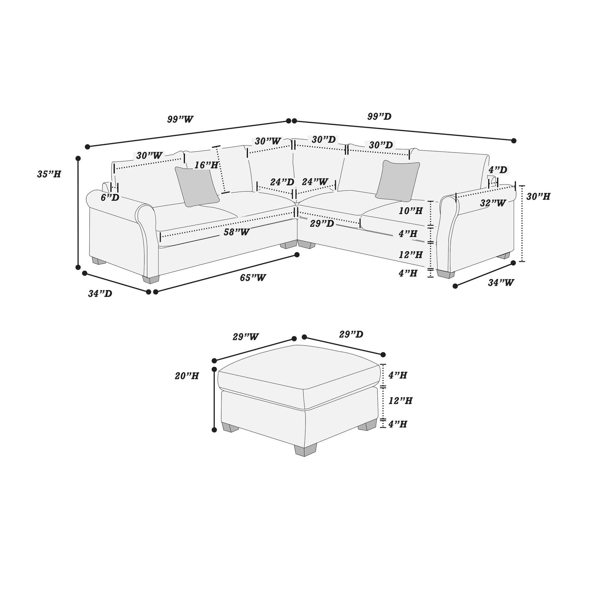 Modern Sectional Set With Corner Wedge, Loveseat, Ottoman & 2 Pillows Home Essentials