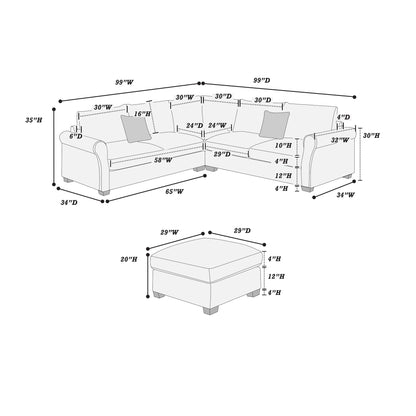 Modern Sectional Set With Corner Wedge, Loveseat, Ottoman & 2 Pillows Home Essentials