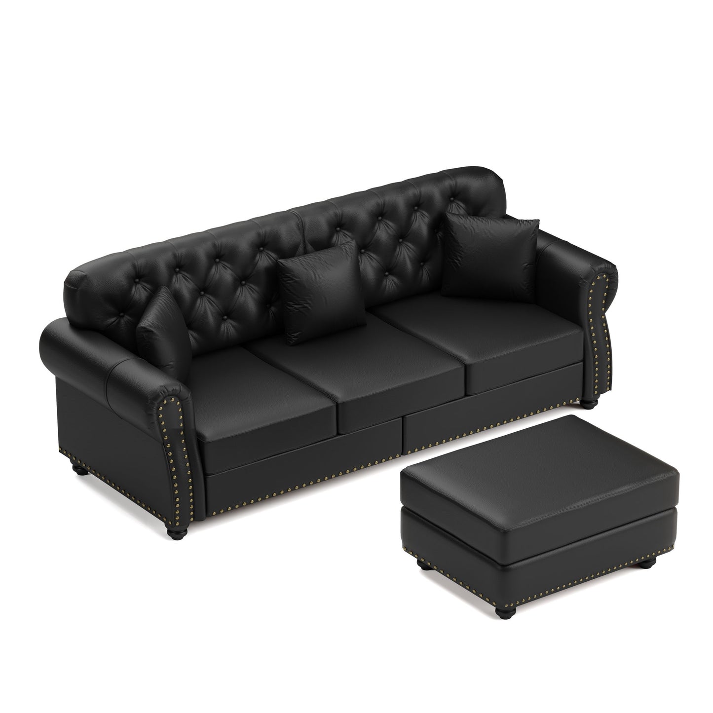 Upholstered Sofa With Nailhead Trim, Rolled Armrests With Ottoman Home Essentials