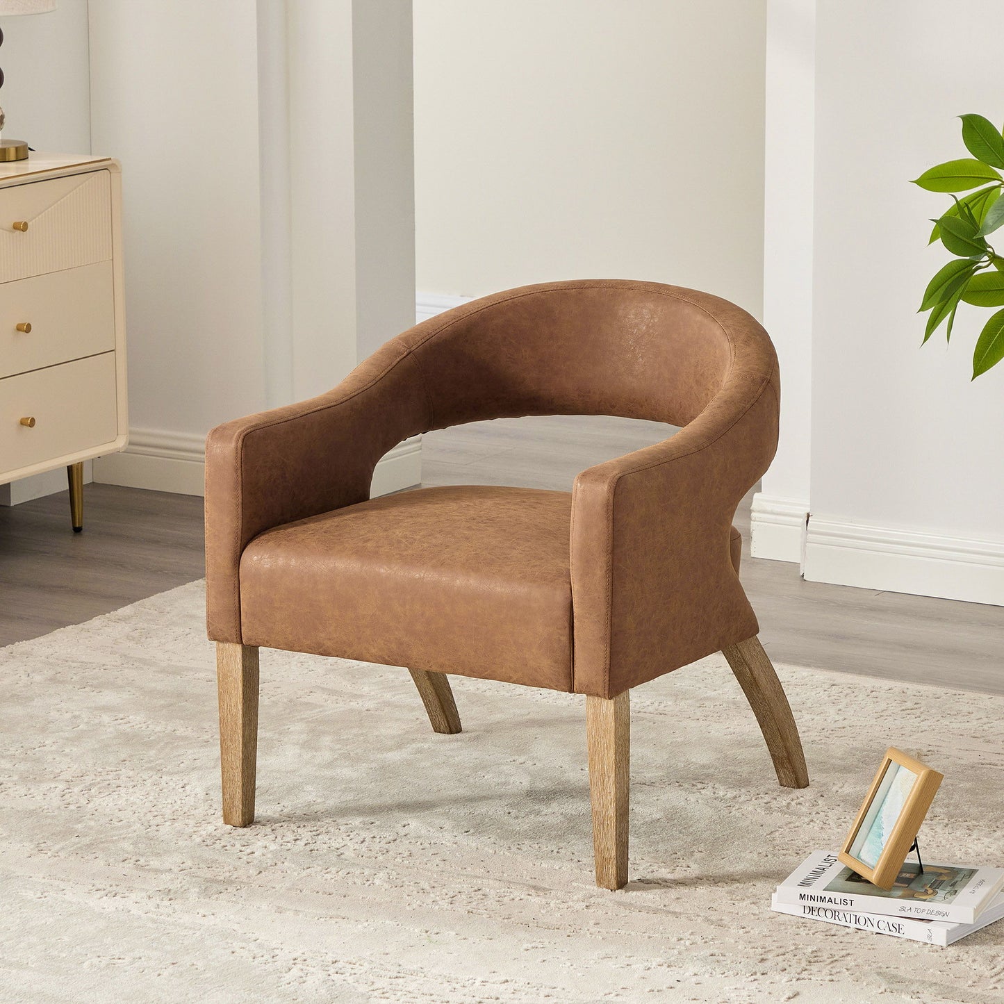 Upholstered Open Back Armchair With Weathered Rubberwood Legs Home Essentials
