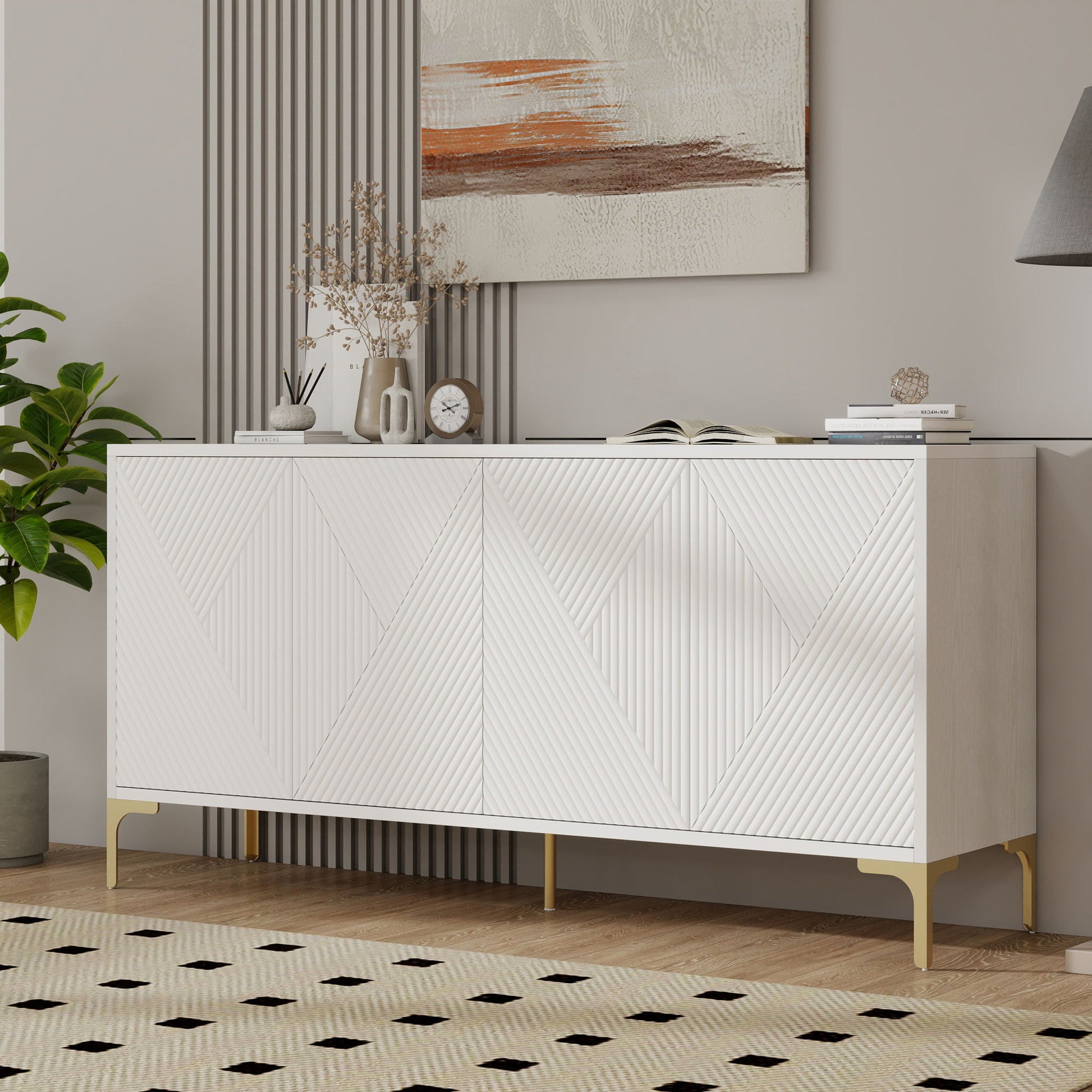 Modern Wood Sideboard Cabinet With Carved Door Panels, Adjustable Shelves, And Sturdy Metal Legs Home Essentials