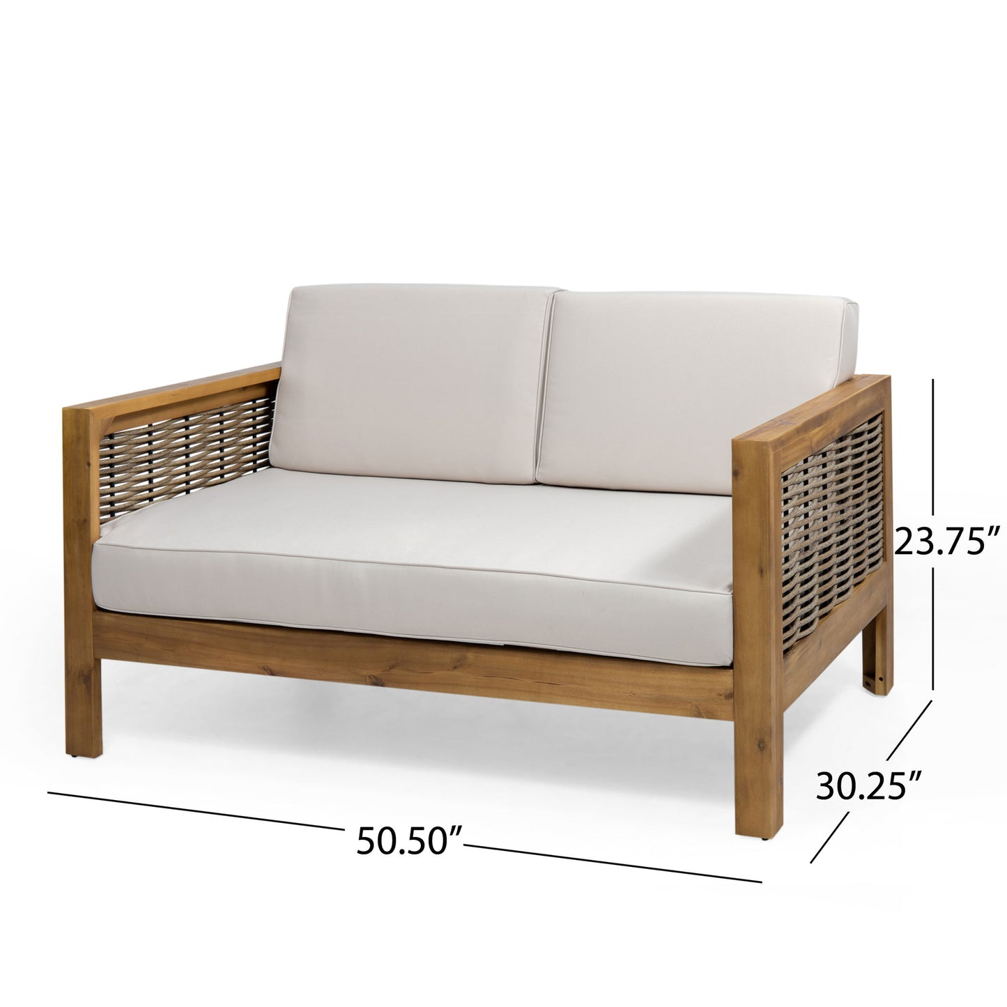 Outdoor 4 Seater Acacia Wood Chat Set With Wicker Accents And Cushions - Teak / Mixed Brown / Beige Noble House