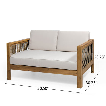 Outdoor 4 Seater Acacia Wood Chat Set With Wicker Accents And Cushions - Teak / Mixed Brown / Beige Noble House